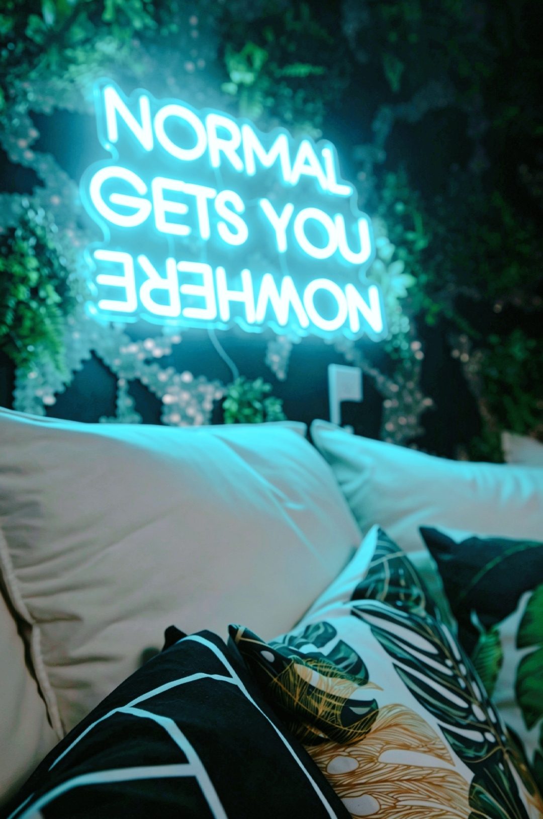Green neon sign reading Normal Gets You Nowhere beside a plant